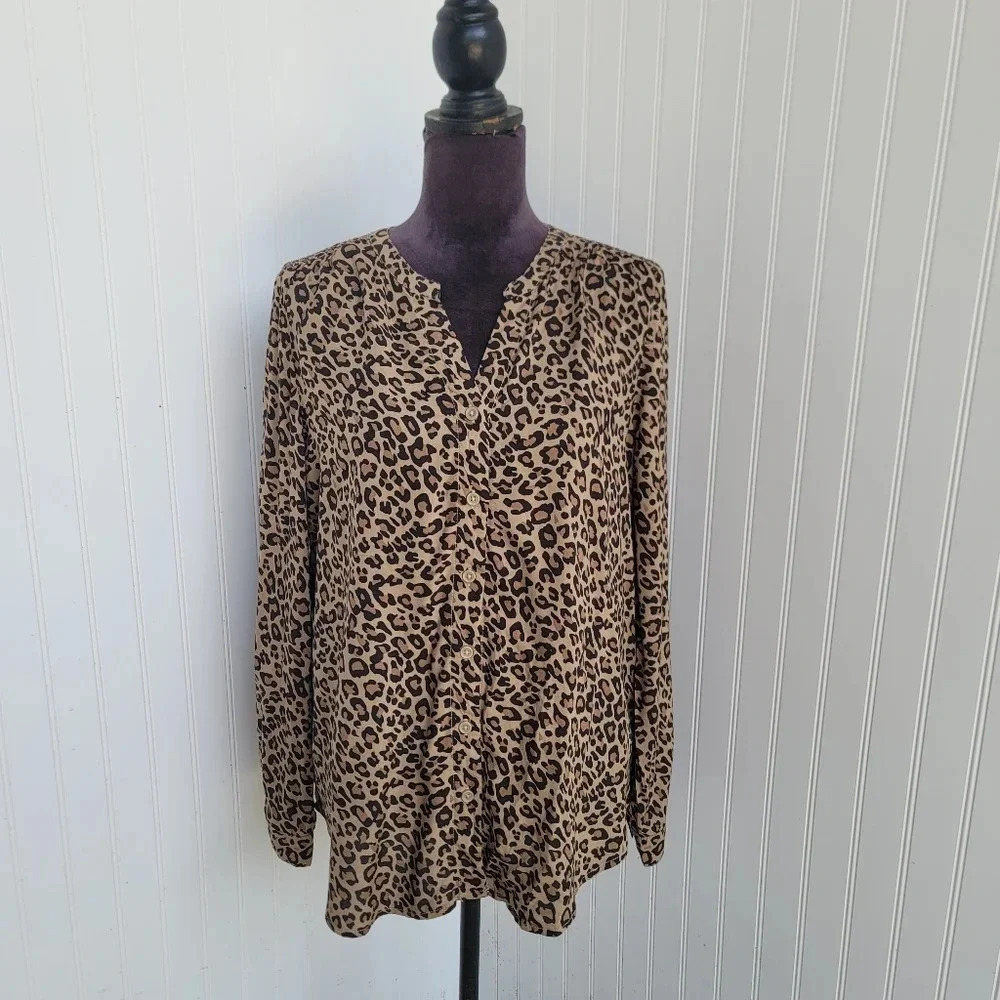 Beach Lunch Lounge Leopard Print Long Sleeve Half Button Down Blouse Tunic M